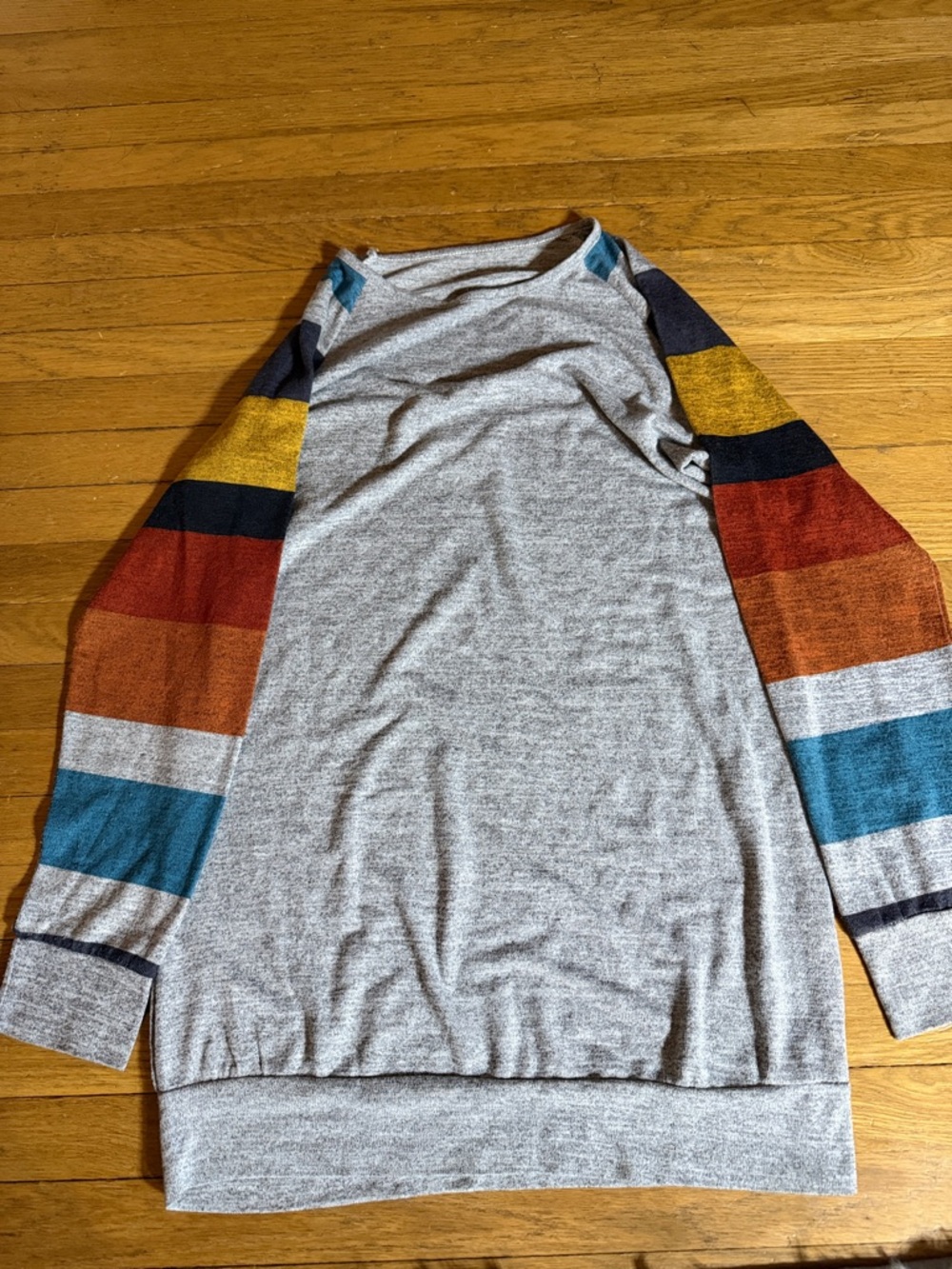 Women’s Gray Sweater Long Tunic with Multicolor Stripe Sleeves